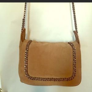 Zara beige suede satchel w/ gunmetal chain details